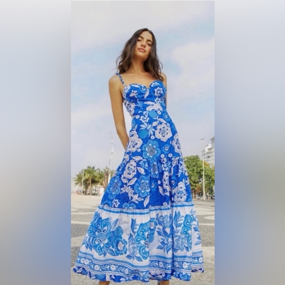 FARM Rio Vibrant Blue and White Floral Maxi Dress